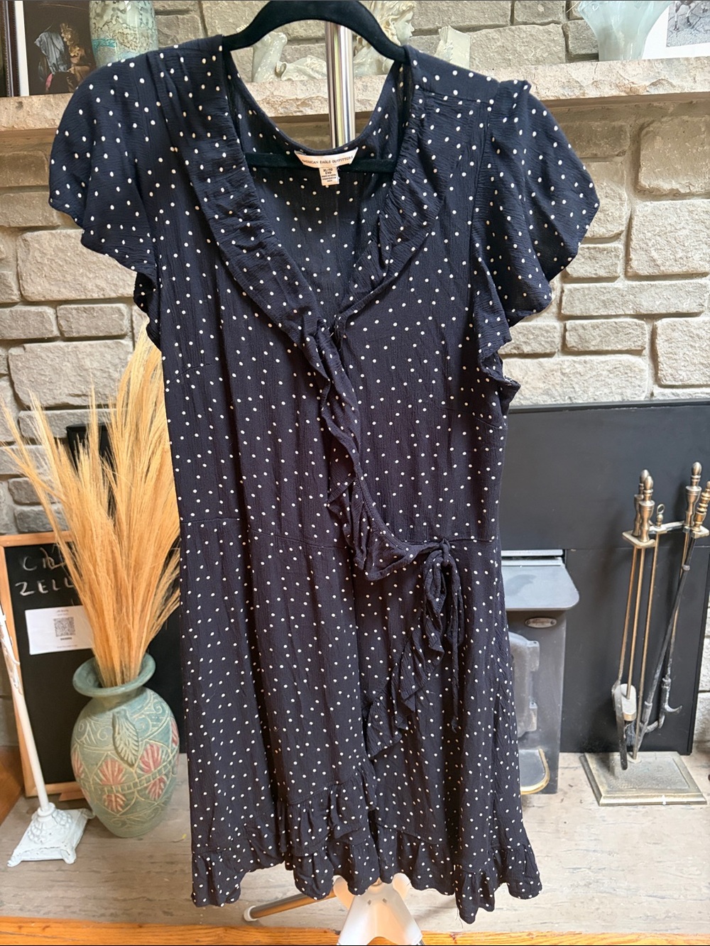 American Eagle Outfitters Polka Dot Ruffle Midi Dress Black and White